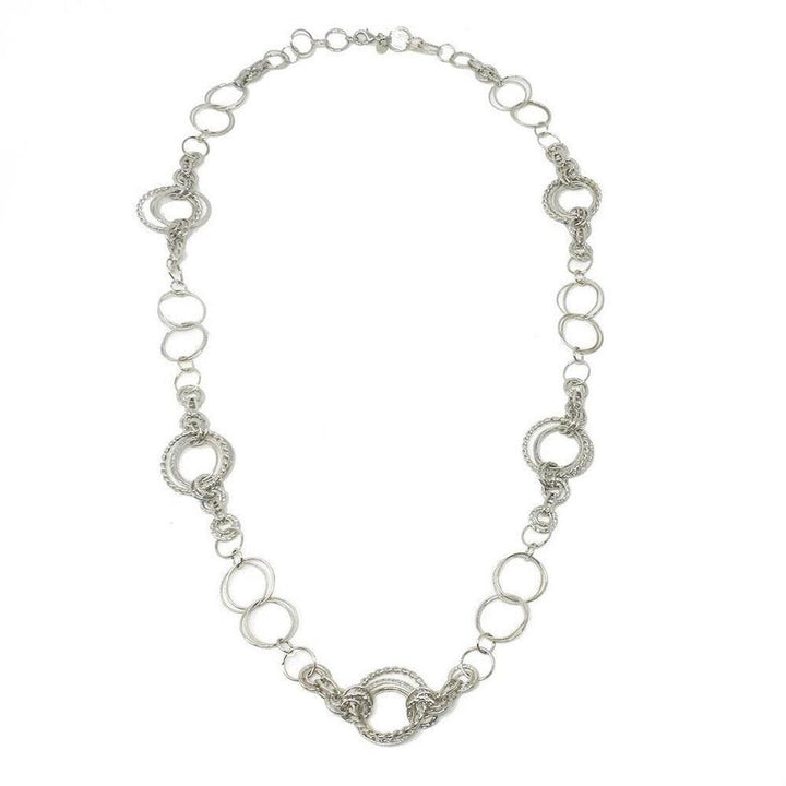 Silver long round link necklace with textured detailing
