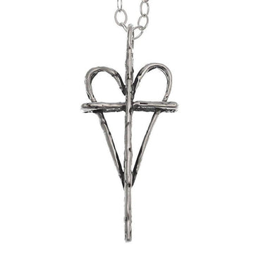 Silver heart-shaped cross necklace with textured finish.
