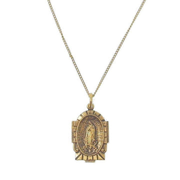Gold Guadalupe Virgin Mary necklace pendant, ornate design.
