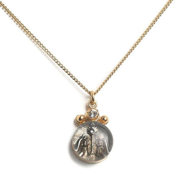 Luvie Guardian Angel Charm necklace: gold chain, round glass charm featuring angel image, accented with a diamond.
