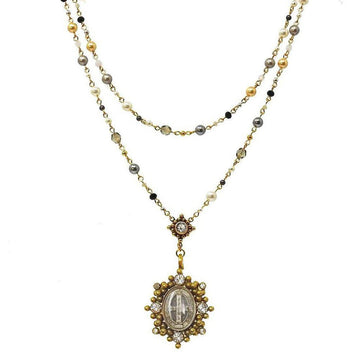 Layered pearl and gemstone rosary necklace with antique-style pendant.
