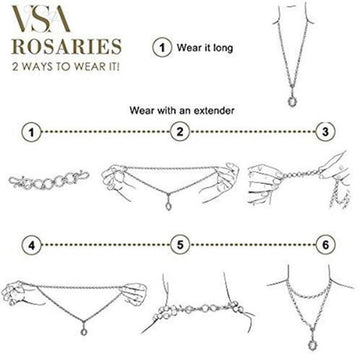 Turquoise rosary necklace styling guide: six illustrations show different ways to wear the piece, including long, short, and layered looks.
