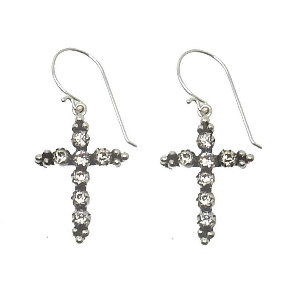 Madonna Cross Hook Earrings: Silver cross earrings adorned with sparkling crystals.
