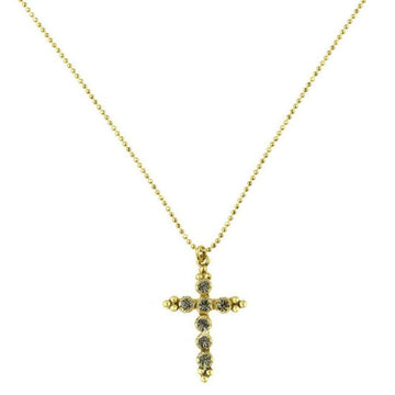 Gold chain necklace with a small, jeweled cross pendant.
