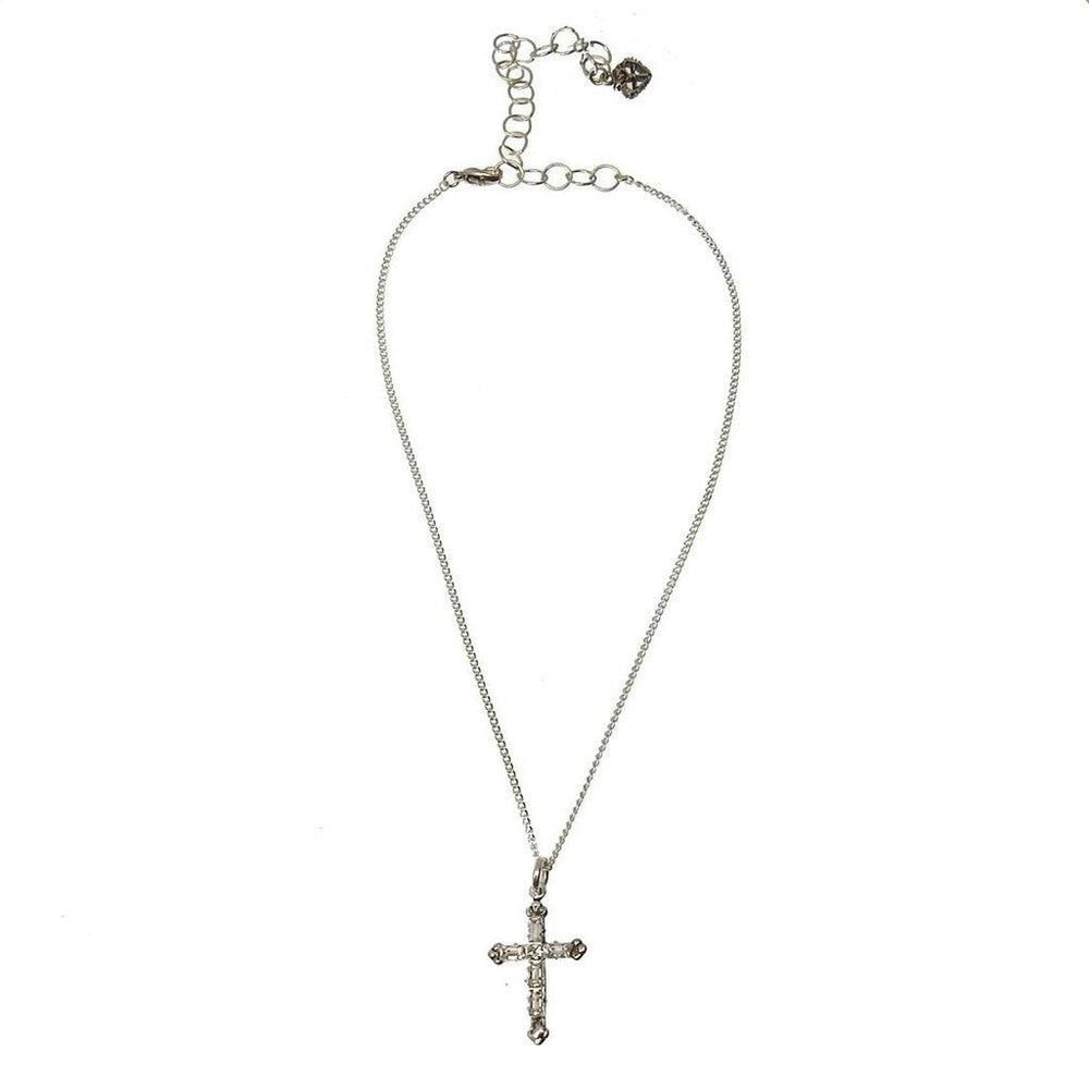 Silver cross pendant necklace with clear stones, delicate chain.
