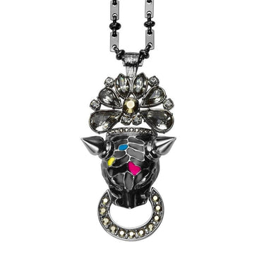 Black leopard pendant necklace with crystal embellishments and a bold design.
