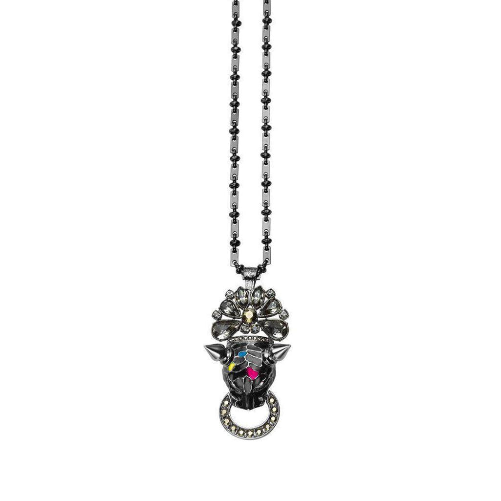 Mawi Black Leopard necklace: Gunmetal chain, black leopard pendant with crystal accents.
