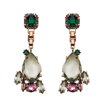 Mawi Statement Earrings in Rose: Rose gold, green & grey crystal statement earrings.

