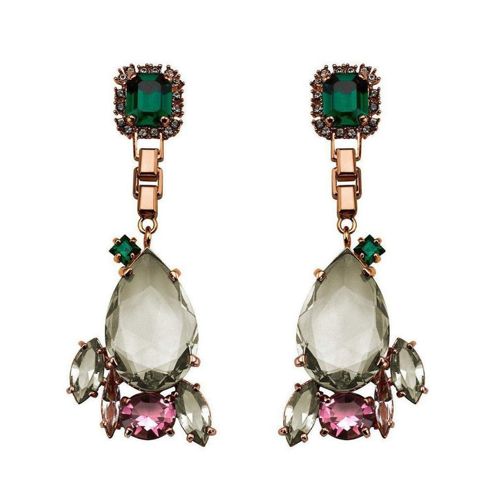 Mawi Statement Earrings in Rose: Rose gold, green & grey crystal statement earrings.
