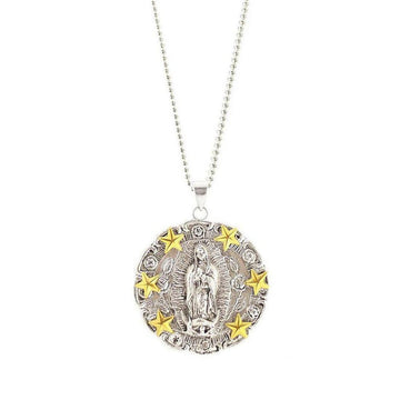 Mi Estrella Guadalupe necklace: silver & gold Virgin Mary pendant with stars, ball chain.
