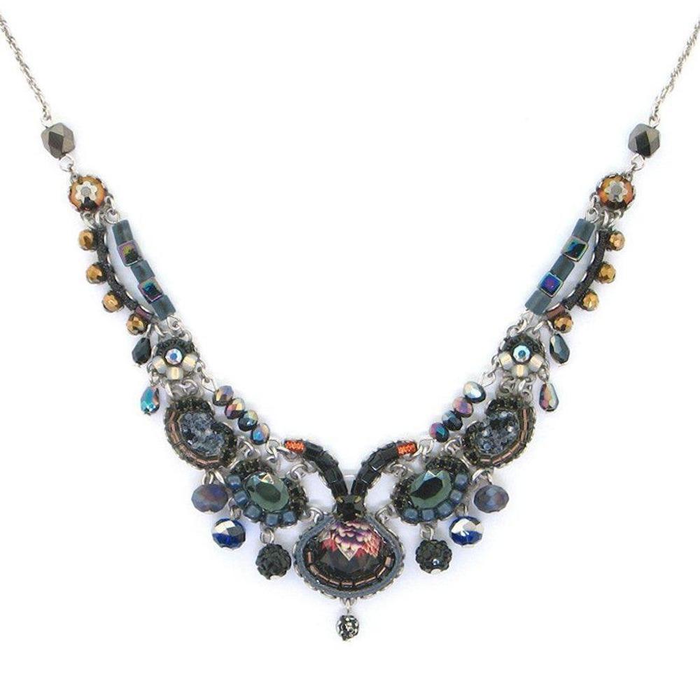 Midnight Jet statement necklace; dark, iridescent beads & crystals on a silver chain.
