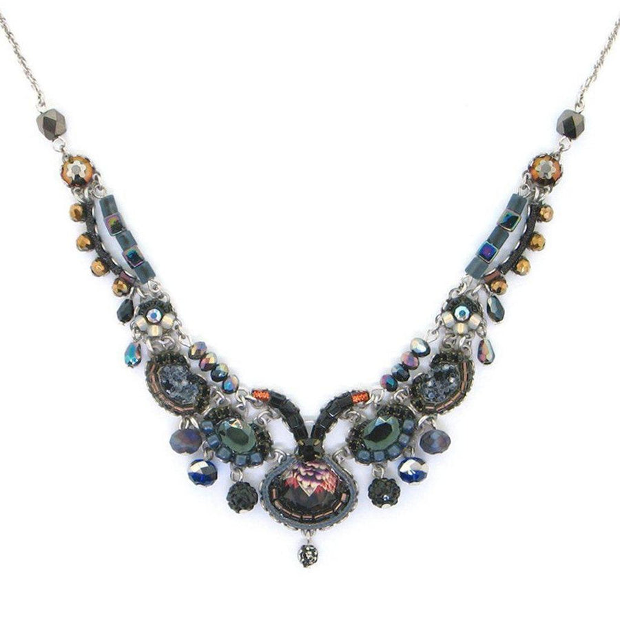 Midnight Jet statement necklace; dark, iridescent beads & crystals on a silver chain.
