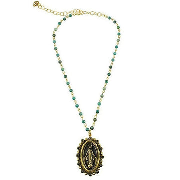 Gold chain choker necklace featuring a Virgin Mary pendant and turquoise beads.
