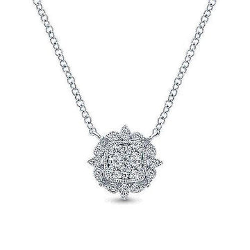 Milgrain diamond pendant necklace with a square-cut cluster of diamonds in a floral setting.
