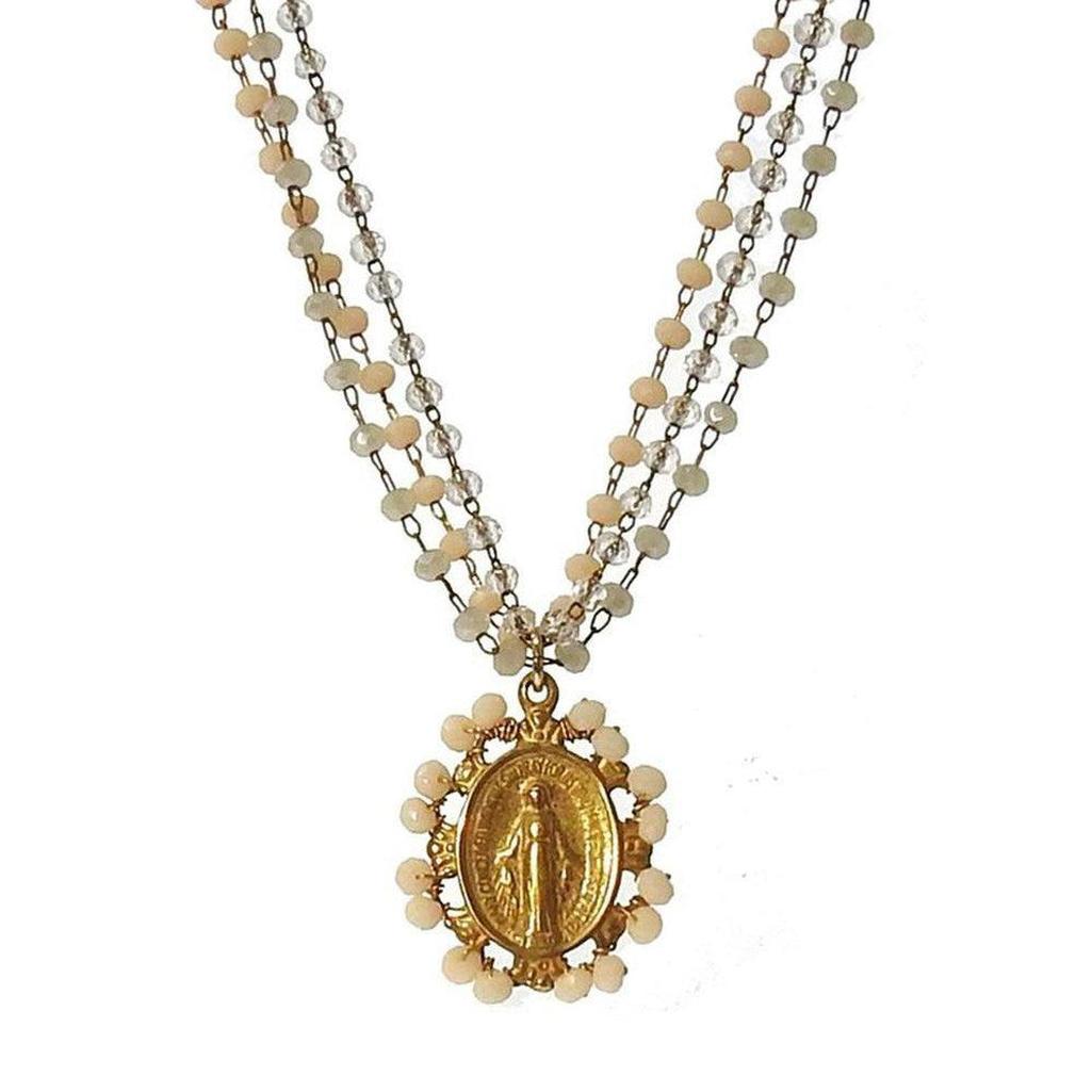 Gold Miraculous Medal necklace with cream and clear beaded chain
