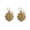 Gold Miraculous Medal earrings with ornate detail.

