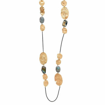Mojave Labradorite Chain: Gold-plated long necklace with Labradorite stones & hammered discs.
