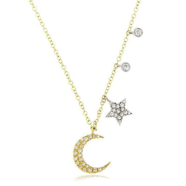 Diamond Moon and Stars necklace: gold chain, crescent moon & star pendants
