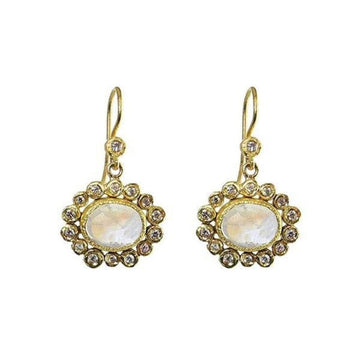 Elegant Moonstone Earrings in 18k gold, featuring a halo of shimmering diamonds.
