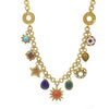 Gold multi-charm link necklace with colorful gemstone pendants.
