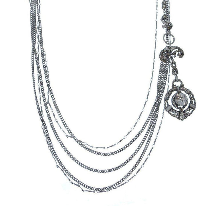 Multistrand Silver Chain Long Drop Tassle Necklace Cabachon Pendant-PETER LANG-Swag Designer Jewelry