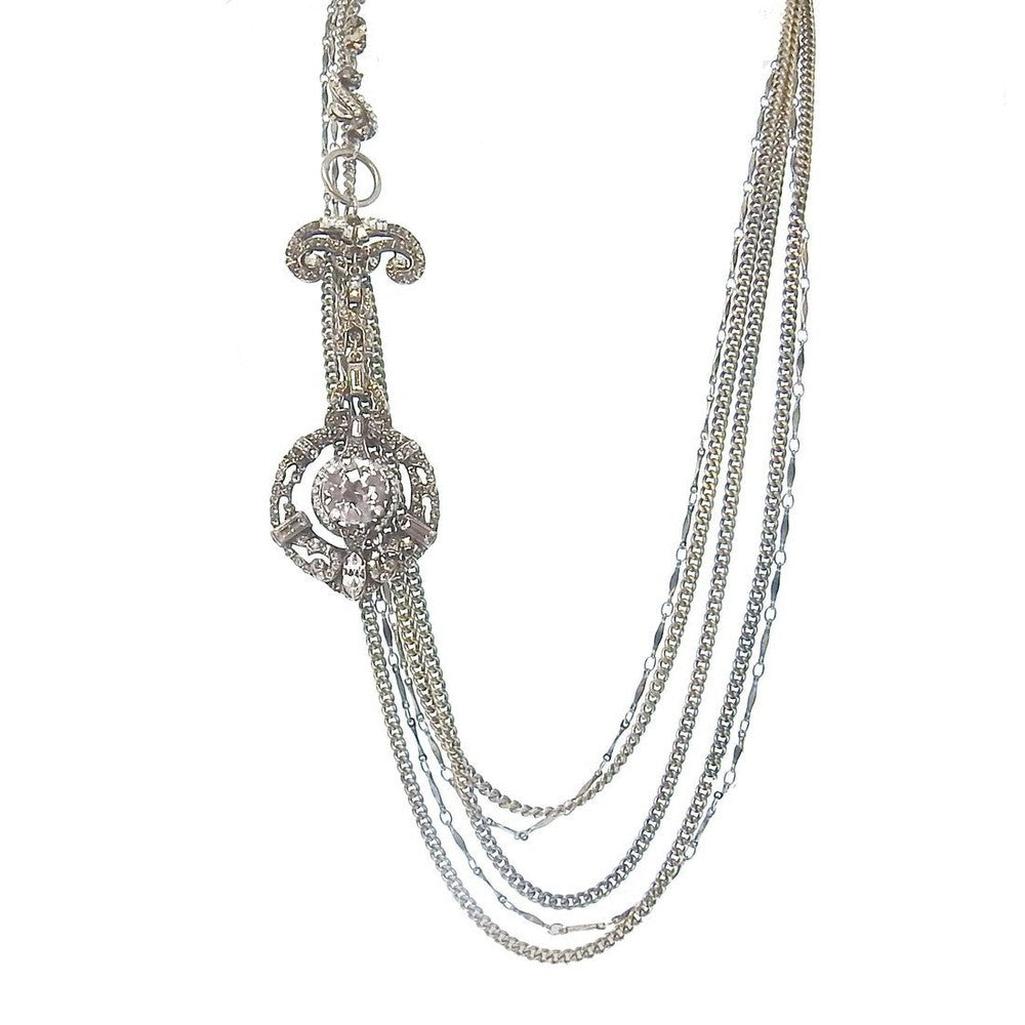 Multistrand silver chain long drop tassel necklace with cabochon pendant
