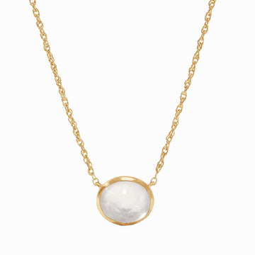 Oval gemstone solitaire necklace on delicate gold chain.
