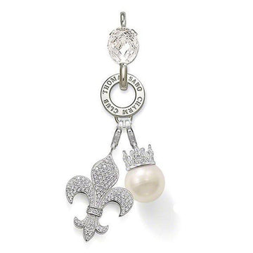 Silver charm carrier featuring a pearl, fleur-de-lis, and crystal accents.
