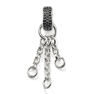 Silver necklace charm carrier with black zirconia accents, featuring three dangling chains and open loops for added pendants.
