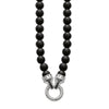 Black onyx bead necklace with silver pendant clasp featuring black stones.
