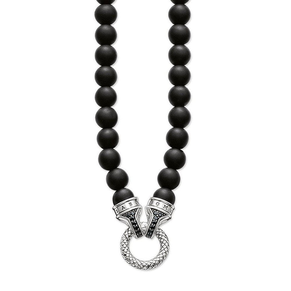 Black onyx bead necklace with silver pendant clasp featuring black stones.
