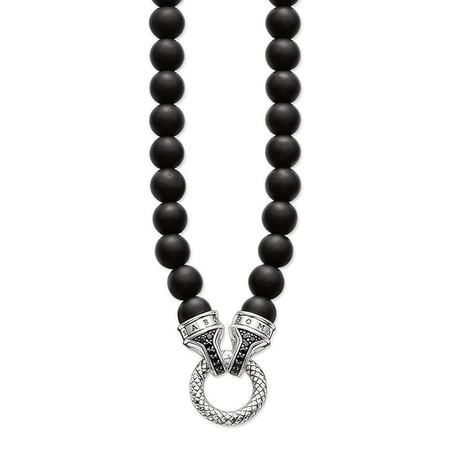 Black onyx bead necklace with silver pendant clasp featuring black stones.
