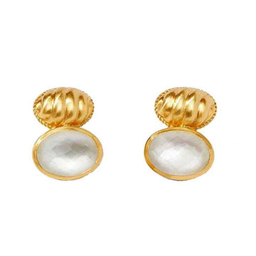 Gold and opal statement earrings; textured metal accents.
