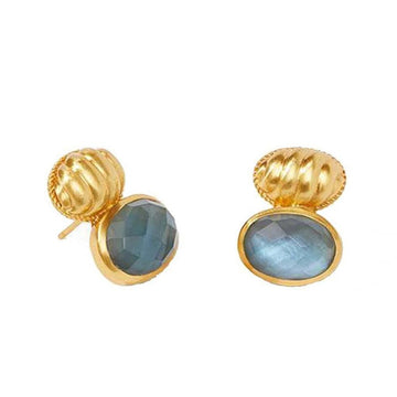 Gold and gray gemstone stud earrings with textured metal accents.
