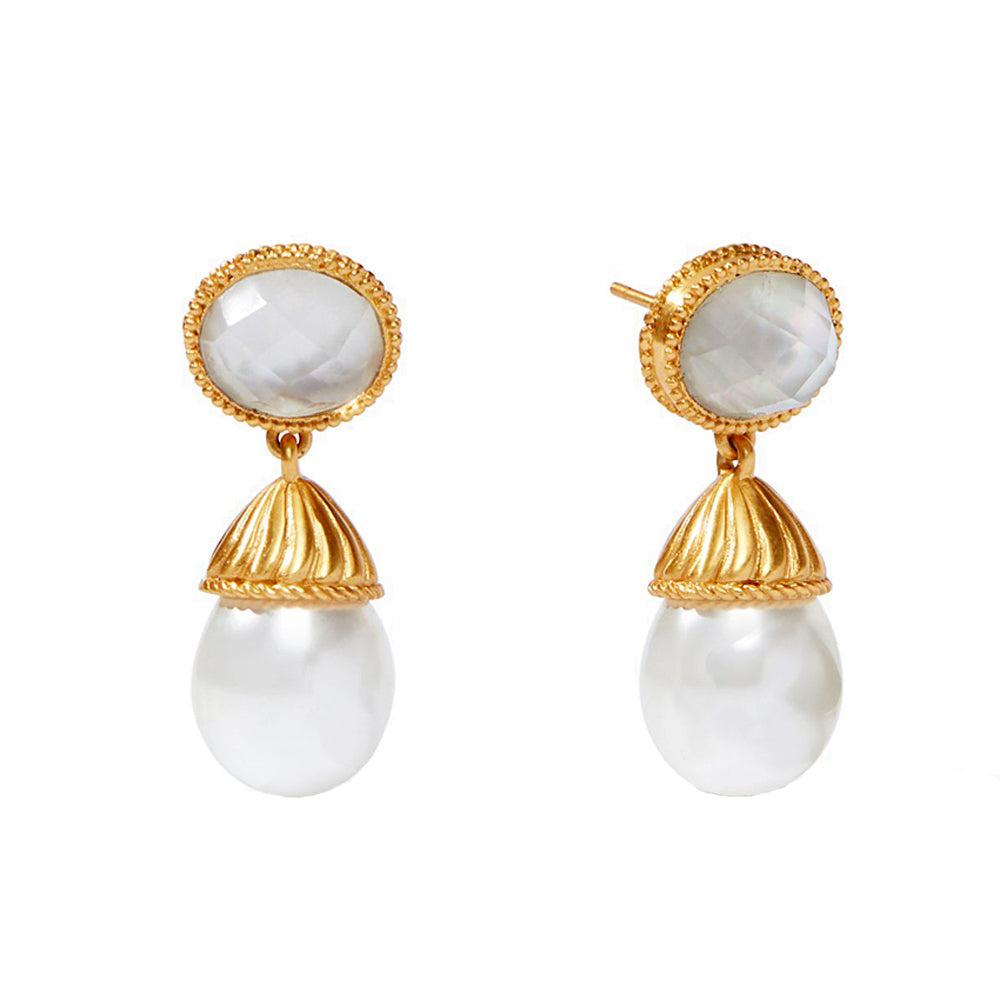 Elegant gold drop earrings featuring a pearl and faceted gemstone.

