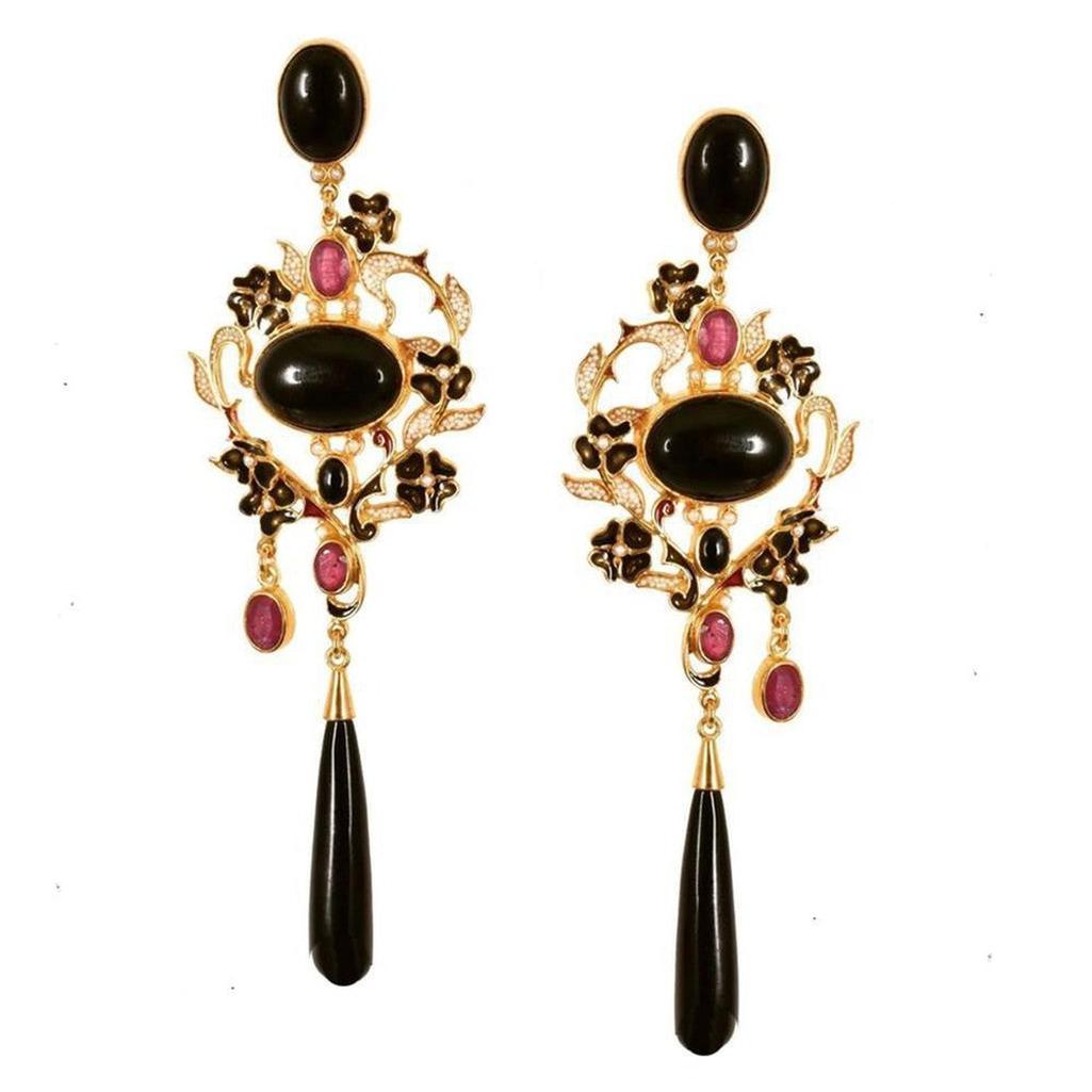 Elegant Onyx & Ruby drop earrings with gold floral accents.
