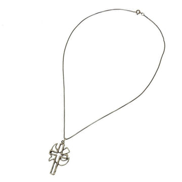 Silver cross necklace with box chain, open design.
