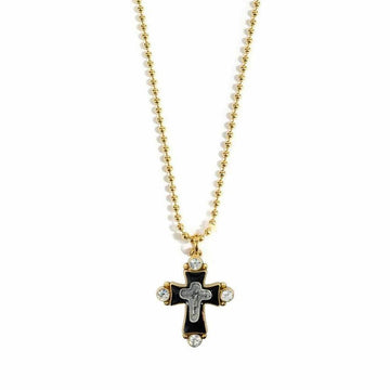 Gold ball chain necklace with black enamel cross charm and clear cubic zirconia accents.
