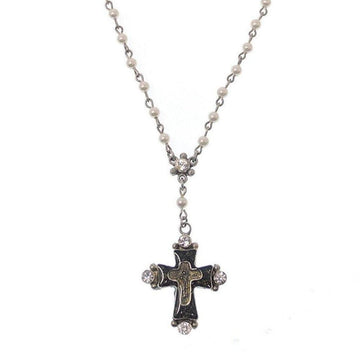 Elegant pearl rosary necklace with a dark cross pendant adorned with sparkling crystals.
