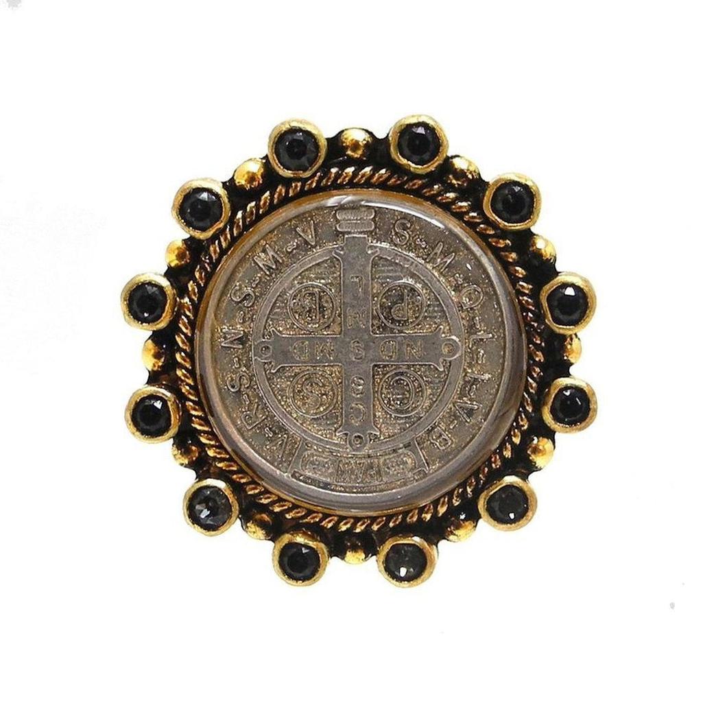 Original San Benito Grande ring: gold-tone setting, black stones, antique silver medallion.
