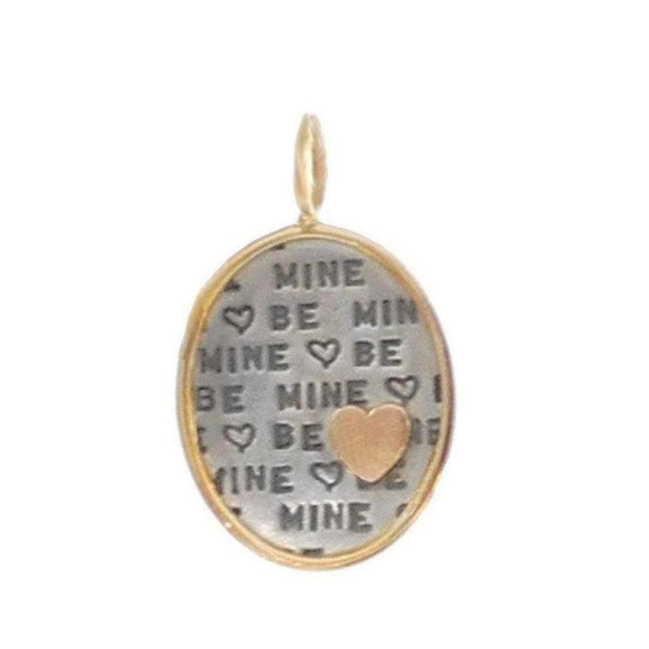 Oval Be Mine pendant: gold-framed, silver charm with "Be Mine" & hearts; romantic gift.
