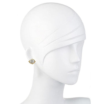 Gold oval earrings featuring an engraved bee design, shown on a mannequin.

