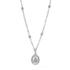 Oval diamond pendant necklace with ornate silver chain and accents.
