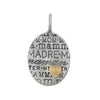 Oval Mother, Mama, Madre pendant with gold heart charm, silver tone, engraved with various words for Mom.
