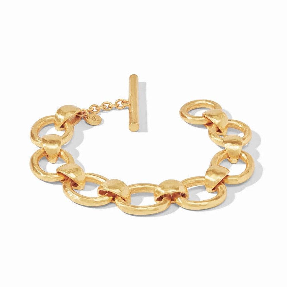Gold Palermo Link bracelet with hammered texture and toggle clasp.
