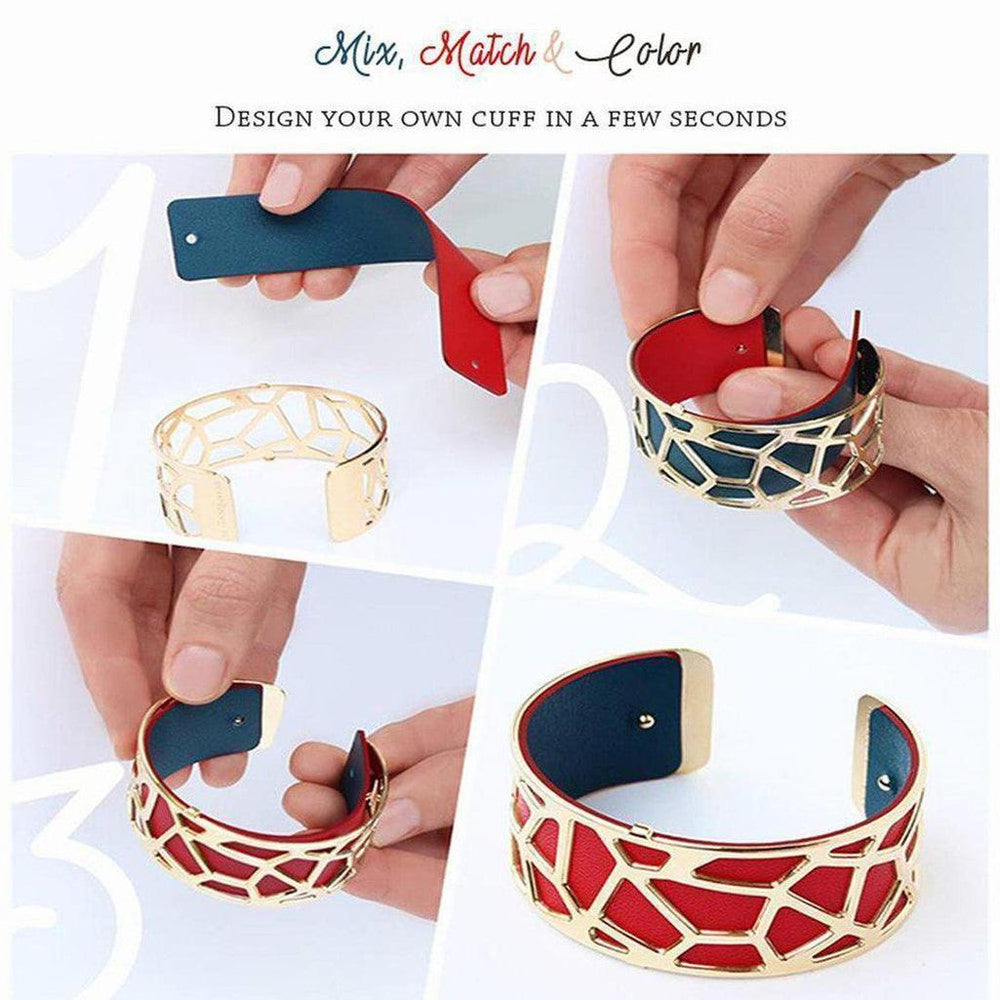 Gold metal cuff bracelet with red and navy leather inlay, shown in a step-by-step assembly guide.
