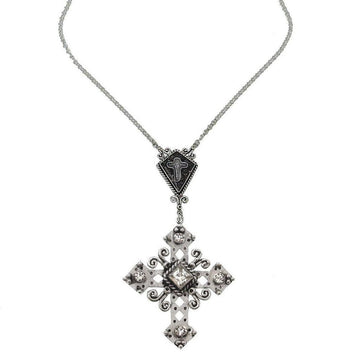 Silver cross necklace with clear rhinestone accents and a smaller cross charm.
