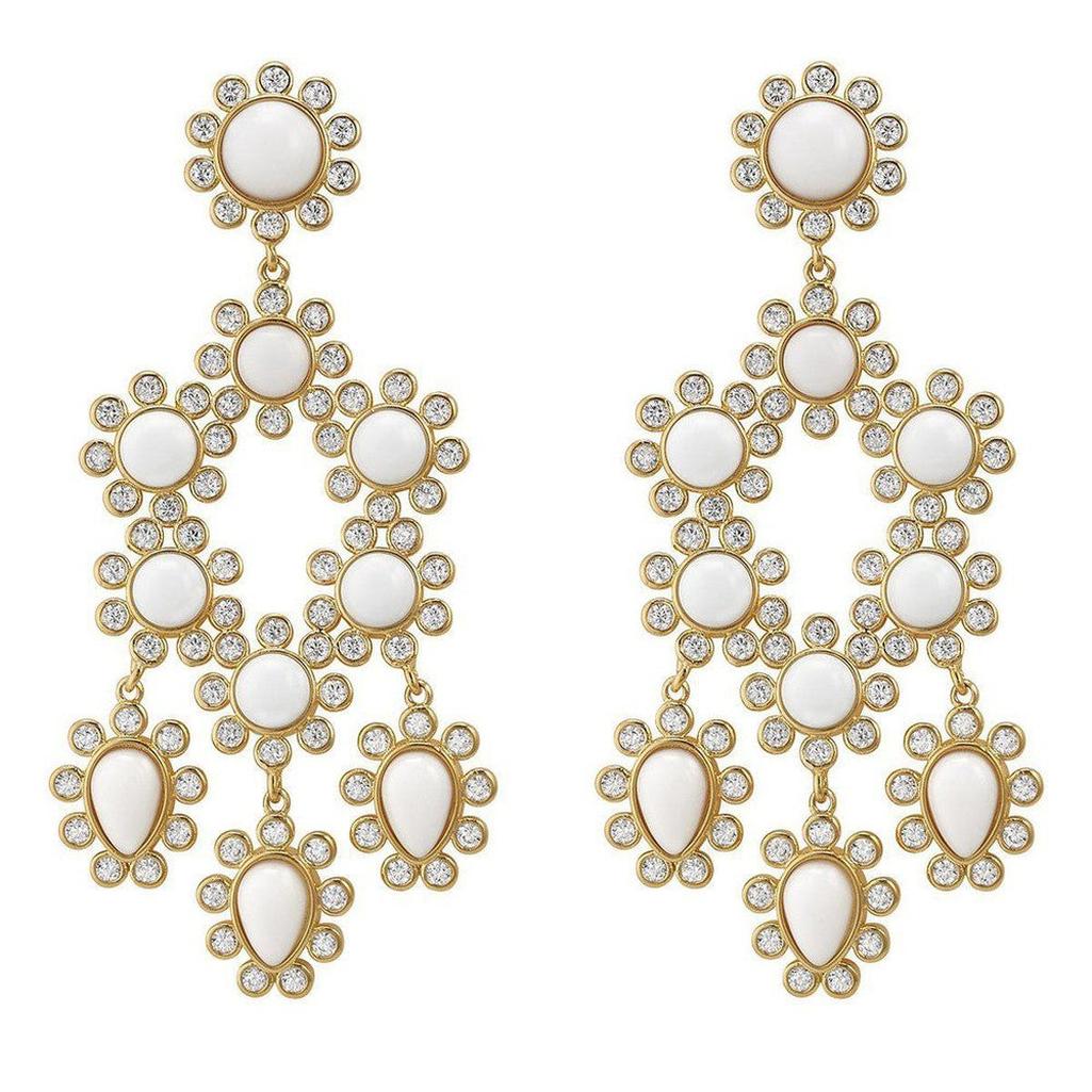 Gold Paris chandelier earrings with white stones.

