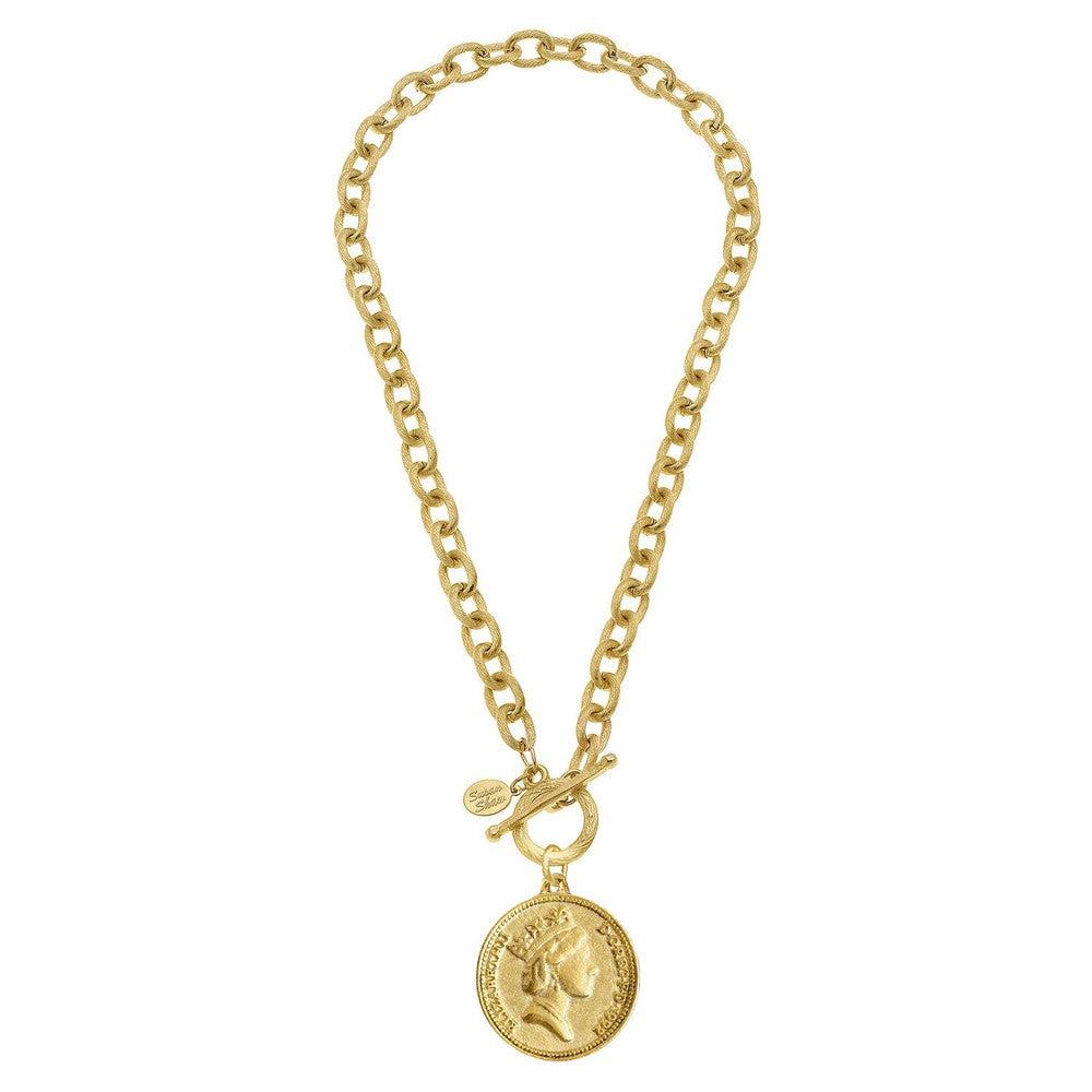 Queen Elizabeth Coin on Gold Chain Necklace-Susan Shaw-Swag Designer Jewelry