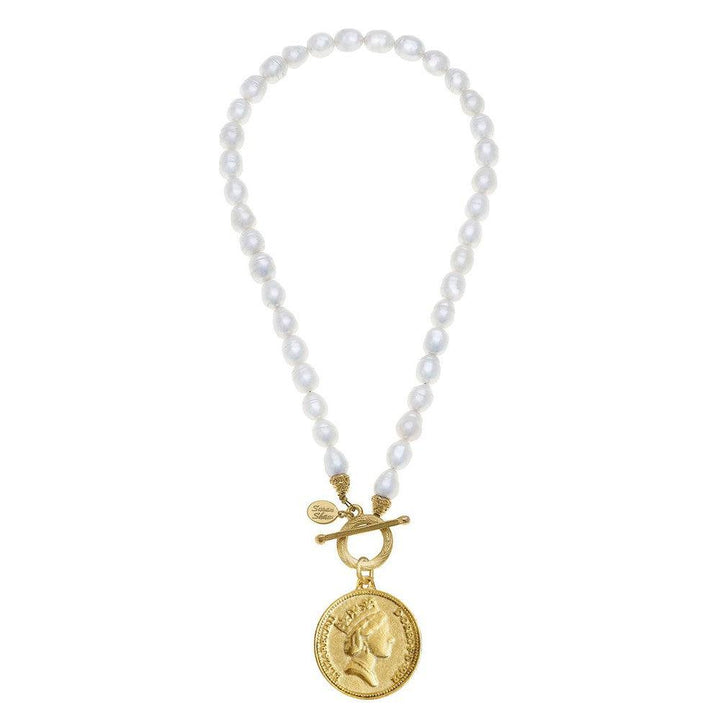 Queen Elizabeth Coin on Pearl Necklace-Susan Shaw-Swag Designer Jewelry